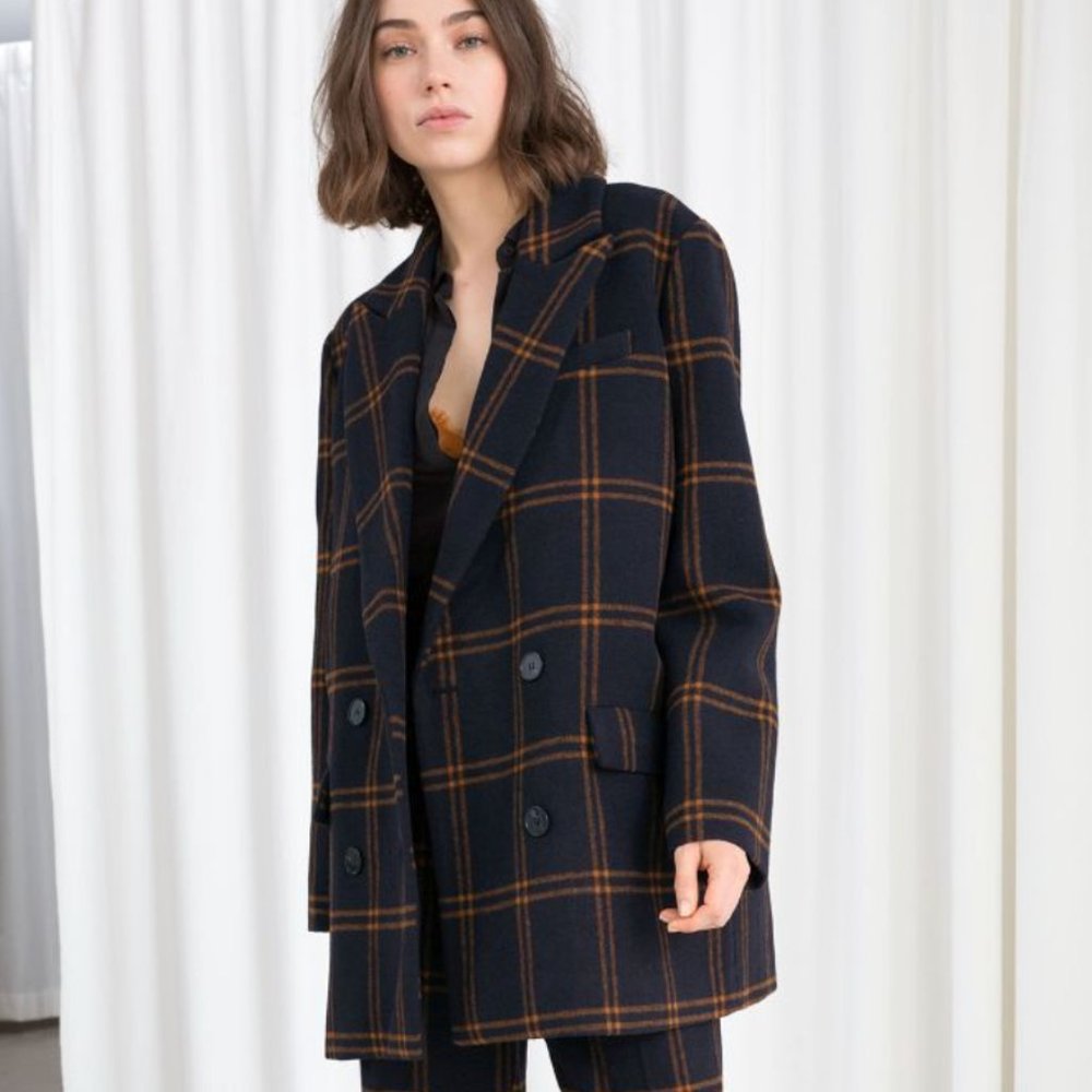 & Other Stories Navy Line Print Wool Blend Blazer Pea Coat US 8